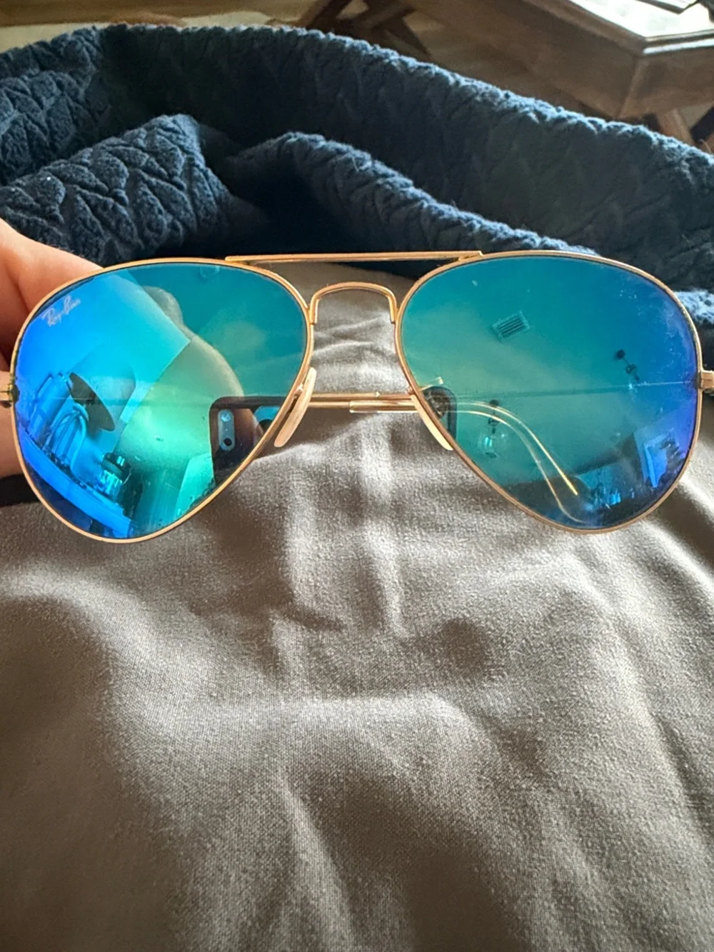 Ray-Ban Gold Frame Sunglasses with Blue Mirrored Lenses